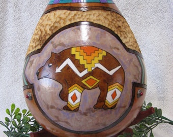 EL Oso ZUNI -  The Great Zuni, the Tortoise Totem accented with "Turquoise Conchos".  A totally unique Gourd - One of A Kind !  !