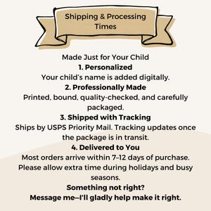 May include: A beige informational graphic with a tan banner at the top containing the text Shipping & Processing Times. Below, black text outlines four steps: 1. Personalized, 2. Professionally Made, 3. Shipped with Tracking, and 4. Delivered to You.