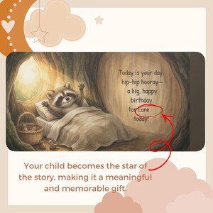 May include: A children's book page illustration featuring a raccoon in a bed inside a tree hollow. The text reads: Today is your day, hip-hip hooray&mdash;a big, happy birthday for Lane today! A woven basket with acorns sits beside the bed in the scene.