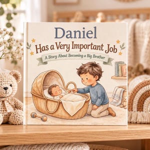 Può includere: Un libro per bambini con copertina rigida intitolato Daniel Has a Very Important Job: A Story About Becoming a Big Brother. La copertina presenta l'illustrazione di un bambino che tende la mano verso un neonato in una culla di vimini.