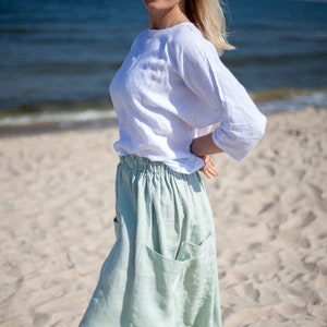 Linen skirt. Summer linen skirt. Skirt with elastic waist. Midi skirt of washed linen. Linen skirt with pocket. Boho linen skirt. Flax skirt image 1