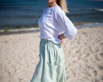 Linen skirt. Summer linen skirt. Skirt with elastic waist. Midi skirt of washed linen. Linen skirt with pocket. Boho linen skirt. Flax skirt