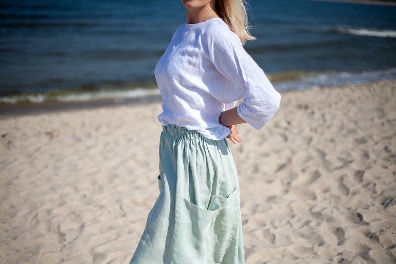Linen skirt. Summer linen skirt. Skirt with elastic waist. Midi skirt of washed linen. Linen skirt with pocket. Boho linen skirt. Flax skirt image 1