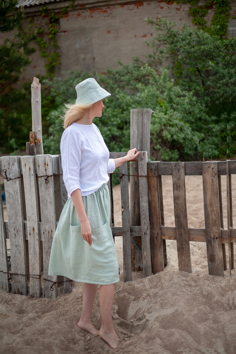 Linen skirt. Summer linen skirt. Skirt with elastic waist. Midi skirt of washed linen. Linen skirt with pocket. Boho linen skirt. Flax skirt image 4