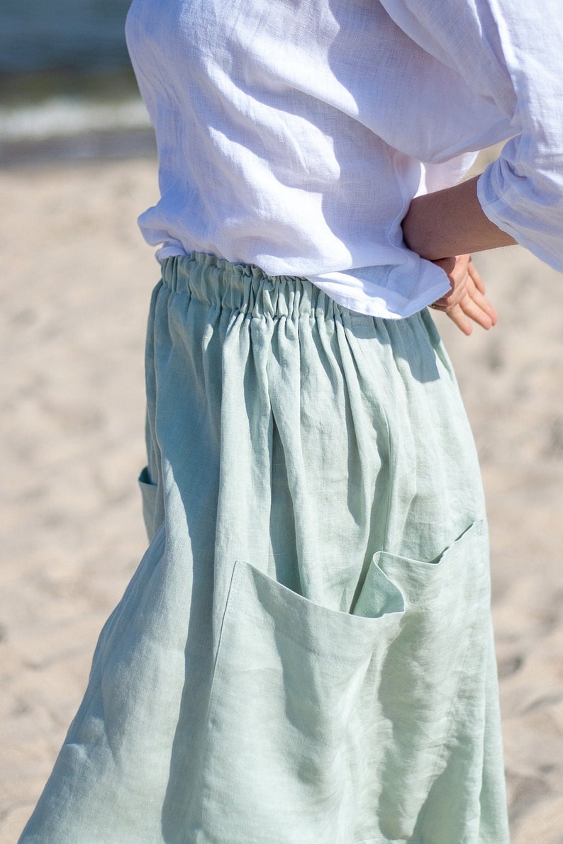 Linen skirt. Summer linen skirt. Skirt with elastic waist. Midi skirt of washed linen. Linen skirt with pocket. Boho linen skirt. Flax skirt image 2