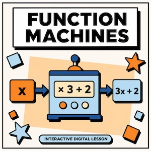 May include: A digital graphic titled FUNCTION MACHINES featuring a central blue machine with the text x 3 + 2. An orange square with x enters the machine, and a blue rectangle with 3x + 2 exits. Includes stars and squares, and INTERACTIVE DIGITAL LESSON text.