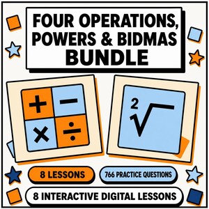 Könnte beinhalten: Ein digitales Lehrmaterial mit dem Titel FOUR OPERATIONS, POWERS & BIDMAS BUNDLE. Es zeigt Symbole für Addition, Subtraktion, Multiplikation, Division und eine Quadratwurzel. Die Grafik enthält 8 LESSONS, 766 PRACTICE QUESTIONS und 8 INTERACTIVE DIGITAL LESSONS.