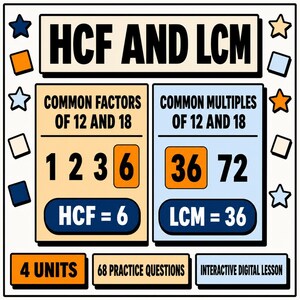 Könnte beinhalten: Ein Lehrplakat mit dem Titel HCF AND LCM, das in zwei Spalten unterteilt ist. Die linke Spalte zeigt gemeinsame Faktoren von 12 und 18 mit HCF = 6. Die rechte Spalte zeigt gemeinsame Vielfache von 12 und 18 mit LCM = 36. Enthält 4 UNITS, 68 PRACTICE QUESTIONS und INTERACTIVE DIGITAL LESSON.