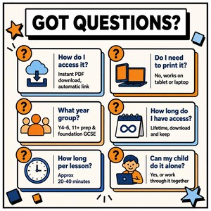 May include: An informational graphic titled GOT QUESTIONS? featuring six boxes with orange question mark icons. The boxes detail digital product access, printing requirements, year groups, access duration, lesson length, and child participation.