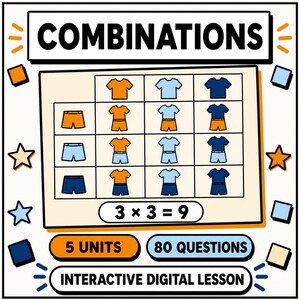 Könnte beinhalten: Eine pädagogische Grafik mit dem Titel COMBINATIONS, die ein Raster aus T-Shirts und Shorts in Orange, Hellblau und Dunkelblau zeigt. Die Tabelle zeigt 3x3=9 Kombinationen. Darunter stehen die Beschriftungen 5 UNITS, 80 QUESTIONS und INTERACTIVE DIGITAL LESSON.