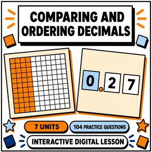 May include: An educational graphic titled COMPARING AND ORDERING DECIMALS featuring a grid with orange shaded squares, the number 0.27 in blue and white boxes, and text stating 7 UNITS, 104 PRACTICE QUESTIONS, and INTERACTIVE DIGITAL LESSON.