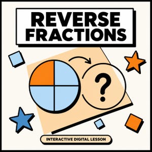 May include: A digital lesson graphic titled REVERSE FRACTIONS featuring a circle divided into four quadrants with one orange and three light blue sections, an arrow pointing to a circle with a question mark, and orange and blue stars and squares.