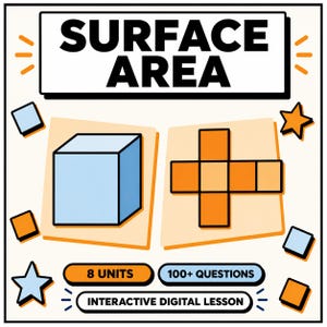 Può includere: Un grafico educativo intitolato SURFACE AREA che mostra un cubo azzurro e lo sviluppo piano di un cubo arancione. Sotto ci sono etichette con scritto 8 UNITS, 100+ QUESTIONS e INTERACTIVE DIGITAL LESSON, con piccoli quadrati e stelle.
