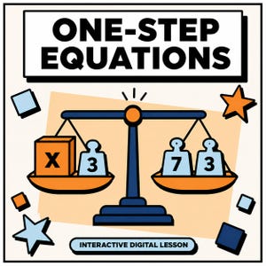 Könnte beinhalten: Eine Lehrgrafik mit dem Titel ONE-STEP EQUATIONS, die eine Waage zeigt. Auf der linken Seite befindet sich eine mit X beschriftete Box und ein Gewicht mit der 3. Rechts liegen zwei Gewichte mit 7 und 3. Unten steht INTERACTIVE DIGITAL LESSON.