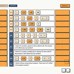 May include: A digital educational worksheet featuring maths problems labelled Q11 through Q20. The layout includes orange rectangular boxes with algebraic expressions, flowcharts with operations like multiplication and addition, and word problems.