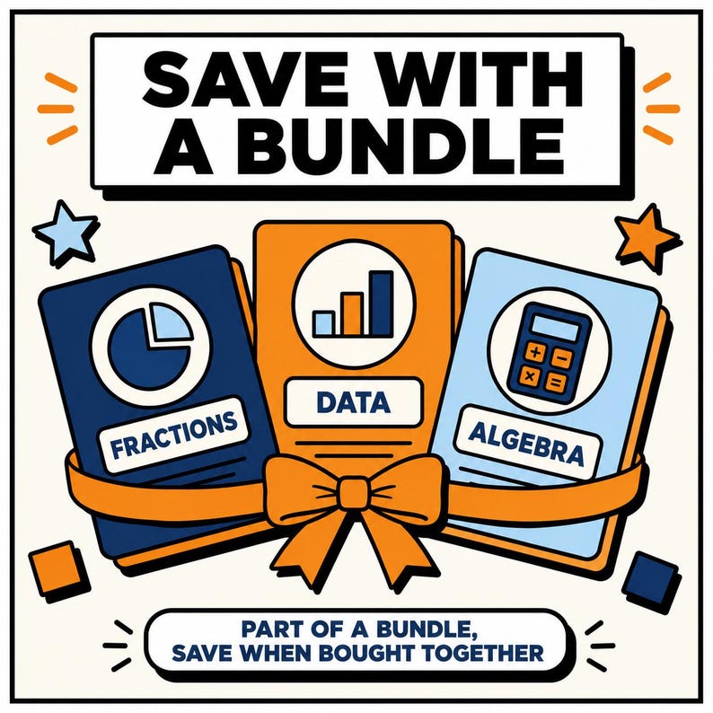 May include: A graphic illustration featuring three rectangular cards tied with an orange ribbon. The cards are labeled Fractions, Data, and Algebra, each with a corresponding icon. The text reads SAVE WITH A BUNDLE and PART OF A BUNDLE, SAVE WHEN BOUGHT TOGETHER.