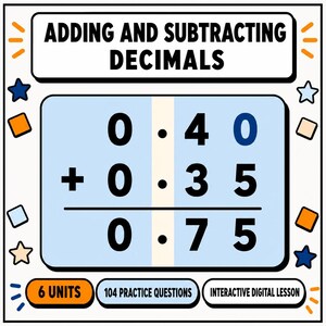 May include: A digital educational graphic titled ADDING AND SUBTRACTING DECIMALS. It displays a math problem showing 0.40 plus 0.35 equals 0.75. The bottom includes three rounded rectangular buttons labeled 6 UNITS, 104 PRACTICE QUESTIONS, and INTERACTIVE DIGITAL LESSON.