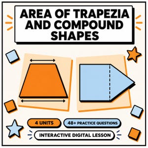 Può includere: Un grafico educativo intitolato AREA OF TRAPEZIA AND COMPOUND SHAPES. Presenta un trapezio arancione con frecce di dimensione, una forma composta azzurra, 4 UNITS, 48+ PRACTICE QUESTIONS e il testo INTERACTIVE DIGITAL LESSON.