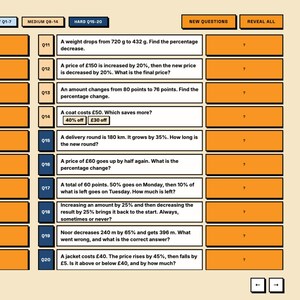 May include: A digital educational interface featuring a list of math problems labeled Q11 through Q20. The layout includes orange rectangular buttons for questions and revealable answers, with text covering percentage changes, price adjustments, and distance.