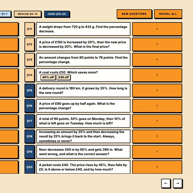 May include: A digital educational interface featuring a list of math problems labeled Q11 through Q20. The layout includes orange rectangular buttons for questions and revealable answers, with text covering percentage changes, price adjustments, and distance.