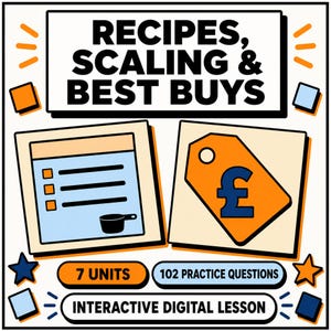 May include: An educational graphic titled RECIPES, SCALING & BEST BUYS. It features a list with a saucepan icon, a price tag with a pound symbol, and text stating 7 UNITS, 102 PRACTICE QUESTIONS, and INTERACTIVE DIGITAL LESSON in orange and blue.