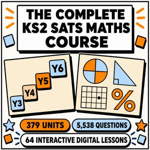 May include: A graphic titled THE COMPLETE KS2 SATS MATHS COURSE featuring two panels. One shows a step diagram labeled Y3, Y4, Y5, Y6. The other shows a pie chart, triangle, grid, and percentage sign. Text includes 379 UNITS, 5,538 QUESTIONS, and 64 INTERACTIVE DIGITAL LESSONS.