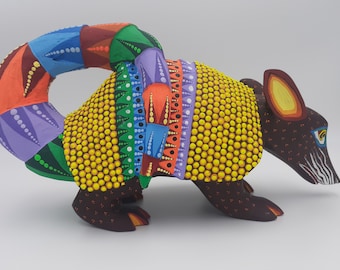 Alebrije Armadillo Colorful Hand Carved Sculpture Mexican Oaxacan Folk Wood Carving Unique Art Piece Sculpted and Painted by Hand