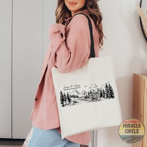 Custom Camp Hike AOP Tote Bag, Personalized Wedding Carabiner Campfire Adventure Hiking Camping Forest Mountain Bag