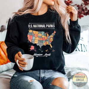 63 National Park Map Checklist Felpa, Tutti i 63 Stati Uniti Mappa Bucket List Nome Camping Felpa