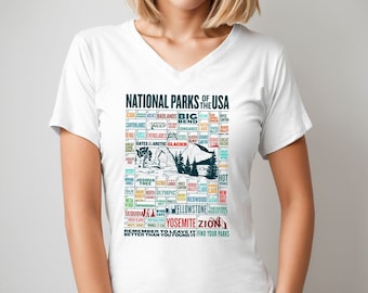 All 63 US National Parks Checklist Unisex V-Neck Shirt, 63 National Park Name Adventure Awaits Mountain V-Neck Shirt