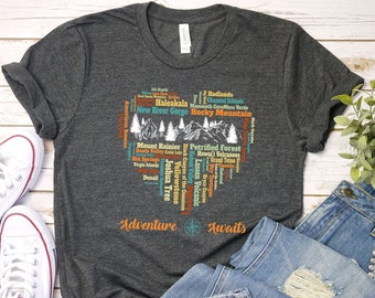63 National Park Name Bucket List Shirt, All 63 US National Park Checklist Heart List Adventure Awaits Compass Shirt