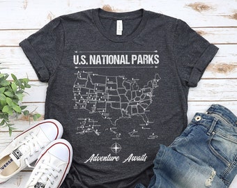 National Park Map Crewneck Shirt, 63 US National Park Map Poster Adventure Awaits Art shirt, Nature Lover shirt, Travel Gift, Camping Gift