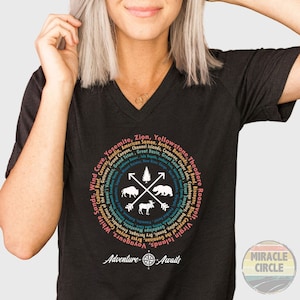 All 63 US National Parks Checklist Unisex V-Neck Shirt,  63 National Park Name Adventure With Buffalo Deer Bear V-Neck Shir