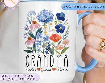 Personalized Grandma Mug, Custom Grandma Mug with Kids’ Names, Floral Grandma Coffee Mug, Wildflowers Grandma Mug MC00142