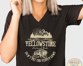 Don't Pet The Fluffy Cows Unisex V-Neck Shirt, Yellowstone National Park NPS Camping Bison shirt