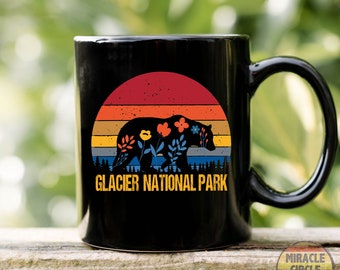Custom National Park Name Black Mug, YPersonalized US National Park Name Vintage Mountain Bear NPS Camping Flower Mug