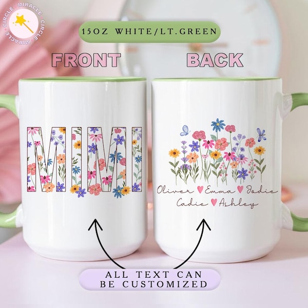 Gepersonaliseerde Mimi-mok, aangepaste Mimi-mok met kindernamen, Mimi-koffiemok met bloemen, mok met wilde bloemen oma MC00002