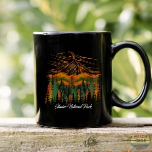 Glacier Black Mug, Glacier National Park Watercolor Hiking Camping Mountain Forest Mug