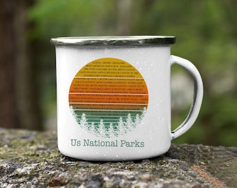 63 US National Park Enamel Camping Mug, Hiking Check List in U.S. National Parks Mug