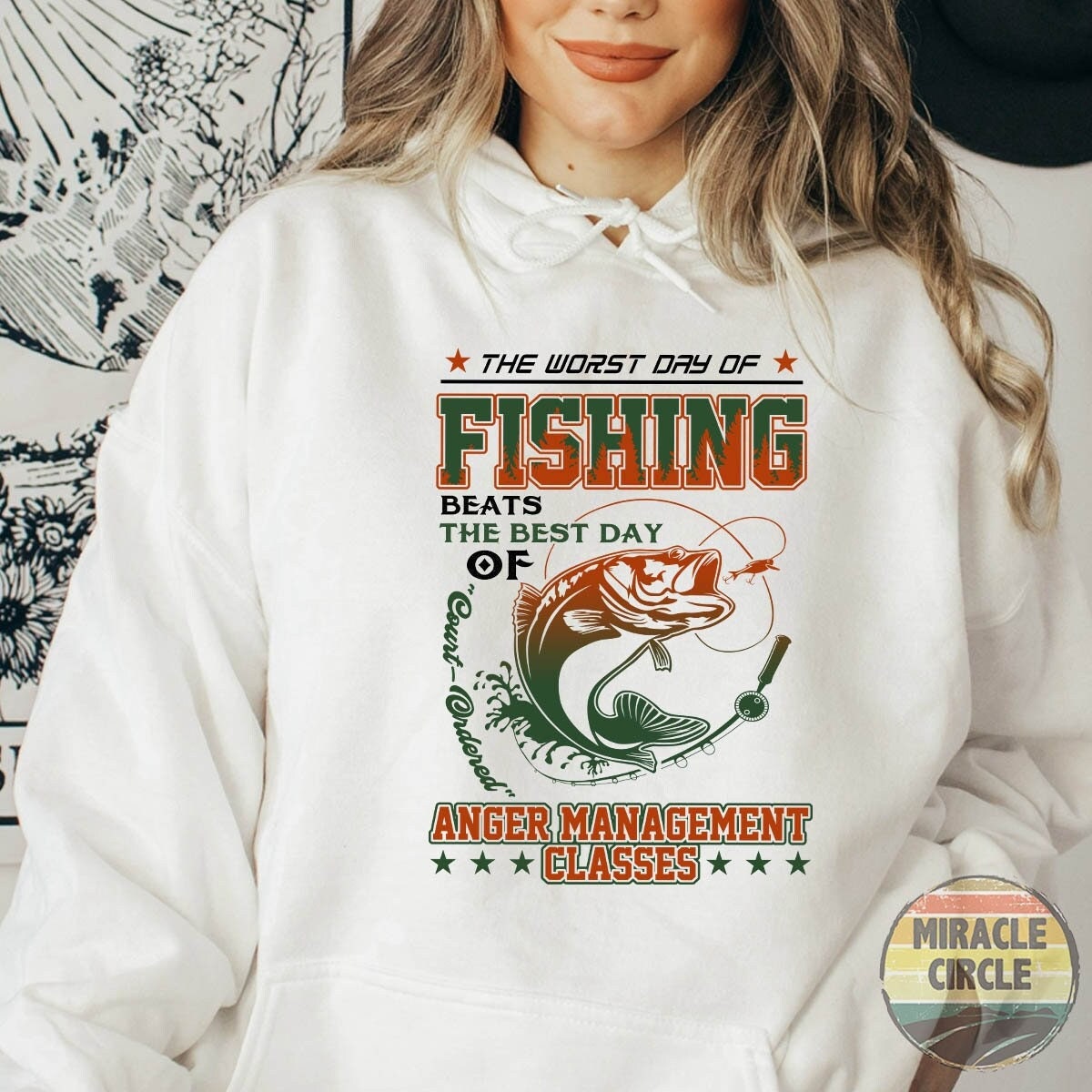 Fishing Hoodie, Worst Day Fishing Fisherman Beats Best Day Court Ordered  Anger Management Fishing Outdoors Hoodie 