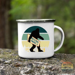 Sasquatch Enamel Camping Mug, Retro Vintage Bigfoot Carrying National Park Poster Sasquatch Mug, Bigfoot Mug, Hiking Mug