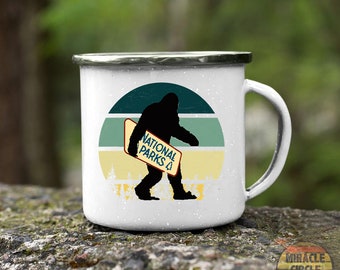 Sasquatch Enamel Camping Mug, Retro Vintage Bigfoot Carrying National Park Poster Sasquatch Mug, Bigfoot Mug, Hiking Mug