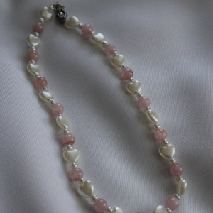 Adore You Necklace - Heart Shaped Pearl Beads & Natural Rose Quartz Crystal Beads, 16&quot; with 2&quot; adjustable extender, Cute, Dainty, Self-Love