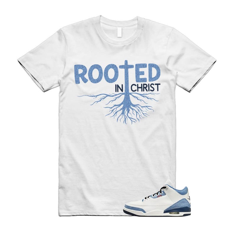 May include: White t-shirt with the text "ROOTED IN CHRIST" in blue, featuring a cross and root design. A white and blue trainer is visible at the bottom right.