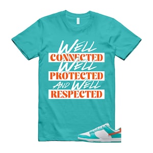 May include: A turquoise t-shirt with the words "Well Connected, Well Protected, and Well Respected" in white and orange. A pair of white, turquoise, and orange trainers are at the bottom of the image.