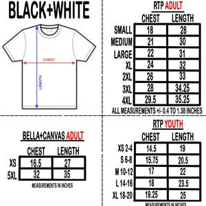 May include: A white t-shirt graphic with size charts for adult and youth sizes. The charts include chest and length measurements in inches for various sizes, such as XS, S, M, L, XL, 2XL, 3XL, 4XL, and 5XL. The text "BLACK+WHITE" is at the top.