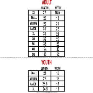 May include: A black and white size chart for adult and youth apparel. Adult sizes range from XS to 5XL, with lengths from 68.6 to 88.9 cm and widths from 41.9 to 81.3 cm. Youth sizes range from small to XL, with lengths from 53.3 to 62.2 cm and widths from 38.1 to 45.7 cm.