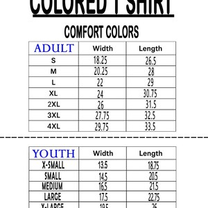 Puede incluir: Tabla de tallas para "COLORED T SHIRT" en Comfort Colors. La tabla muestra tallas para adultos y j&oacute;venes con medidas de ancho y largo en pulgadas. Las tallas para adultos van de la S a la 4XL, y las tallas para j&oacute;venes de la X-Small a la X-Large.