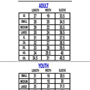 May include: A black and white chart with sizing information for a hoodie. The chart includes adult and youth sizes, with measurements in inches for length, width, and sleeve length. The text "BLACK+WHITE HOODIE" is at the top.