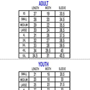 May include: A black and white chart displays hoodie measurements for adult and youth sizes. Adult sizes range from XS to 5XL, with lengths from 27 to 34.5 inches. Youth sizes range from small to XL, with lengths from 21 to 27 inches. All measurements are in inches.